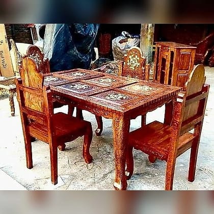 Inlay-Top Carved Dining Set