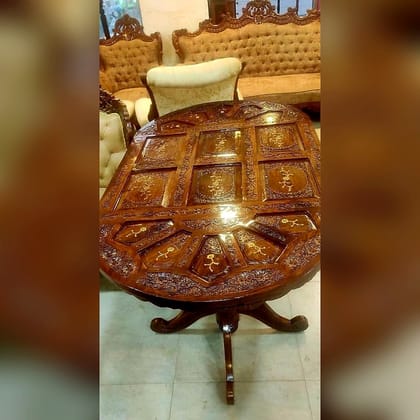 Round Inlay Carved Dining Table